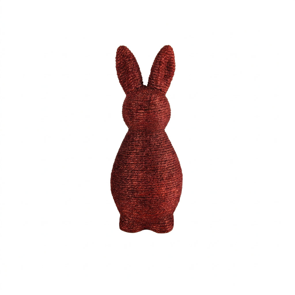 Red Glitter Woven Bunny Decor – Polystyrene Core Paper Rope Easter Rabbit Figurine