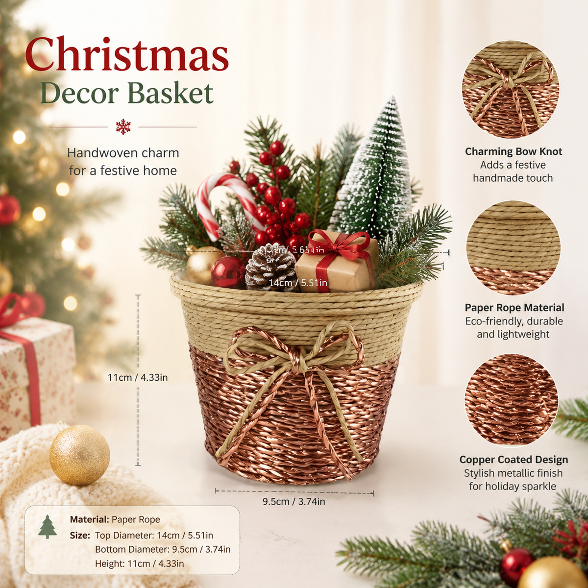 Custom Woven Christmas Gift Basket with Elegant Bow Detail | Handmade Holiday Planter & Gift Basket