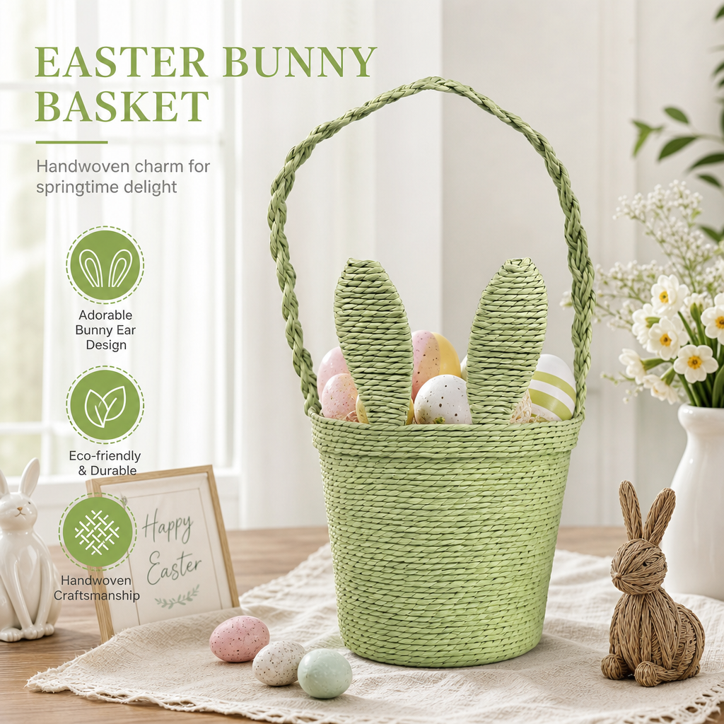 Handwoven Green Bunny Basket with Handle – Kids Storage & Easter Gift Basket
