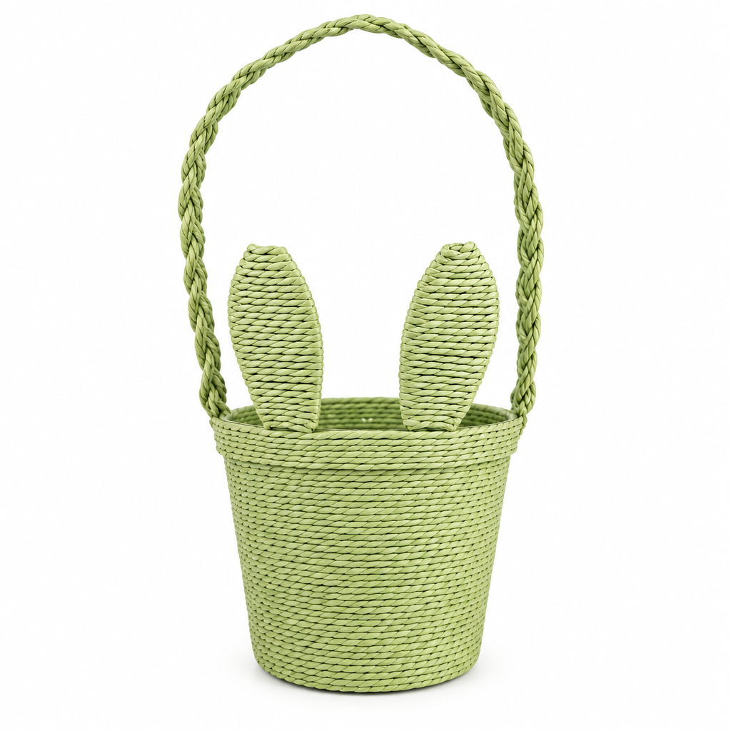 Handwoven Green Bunny Basket with Handle – Kids Storage & Easter Gift Basket