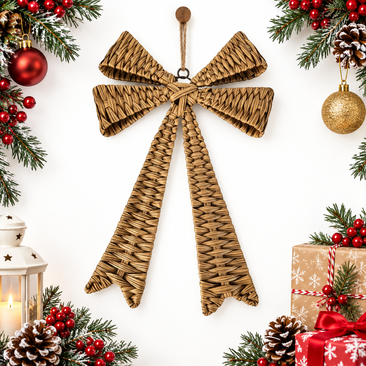 Handwoven Wicker Bow Wall Hanging – Natural Rustic Holiday & Home Décor