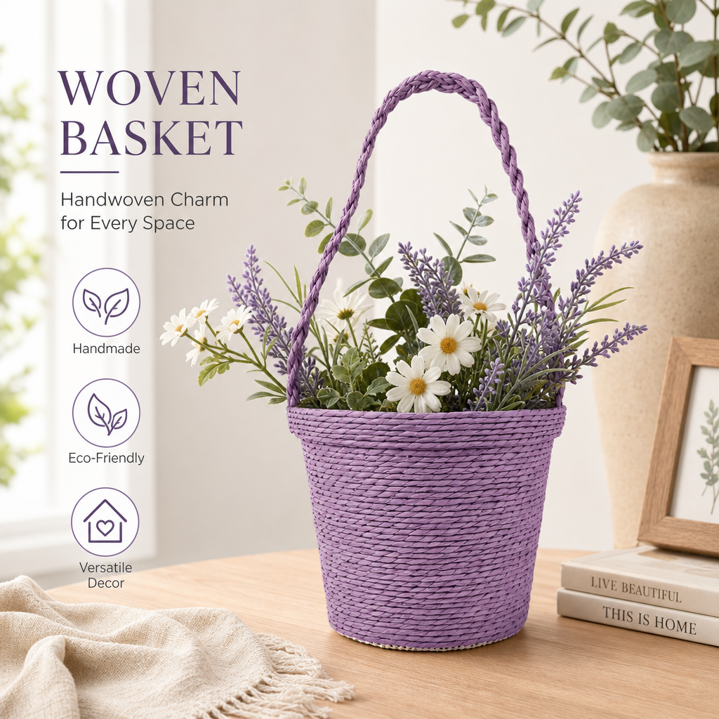 Handwoven Purple Carry Basket for Gifts, Flowers & Home Storage