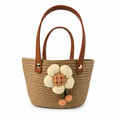 Custom Natural Beige Paper Rope Gift Basket with Handmade Floral Decoration & Leather Handles | Woven Gift Tote Bag