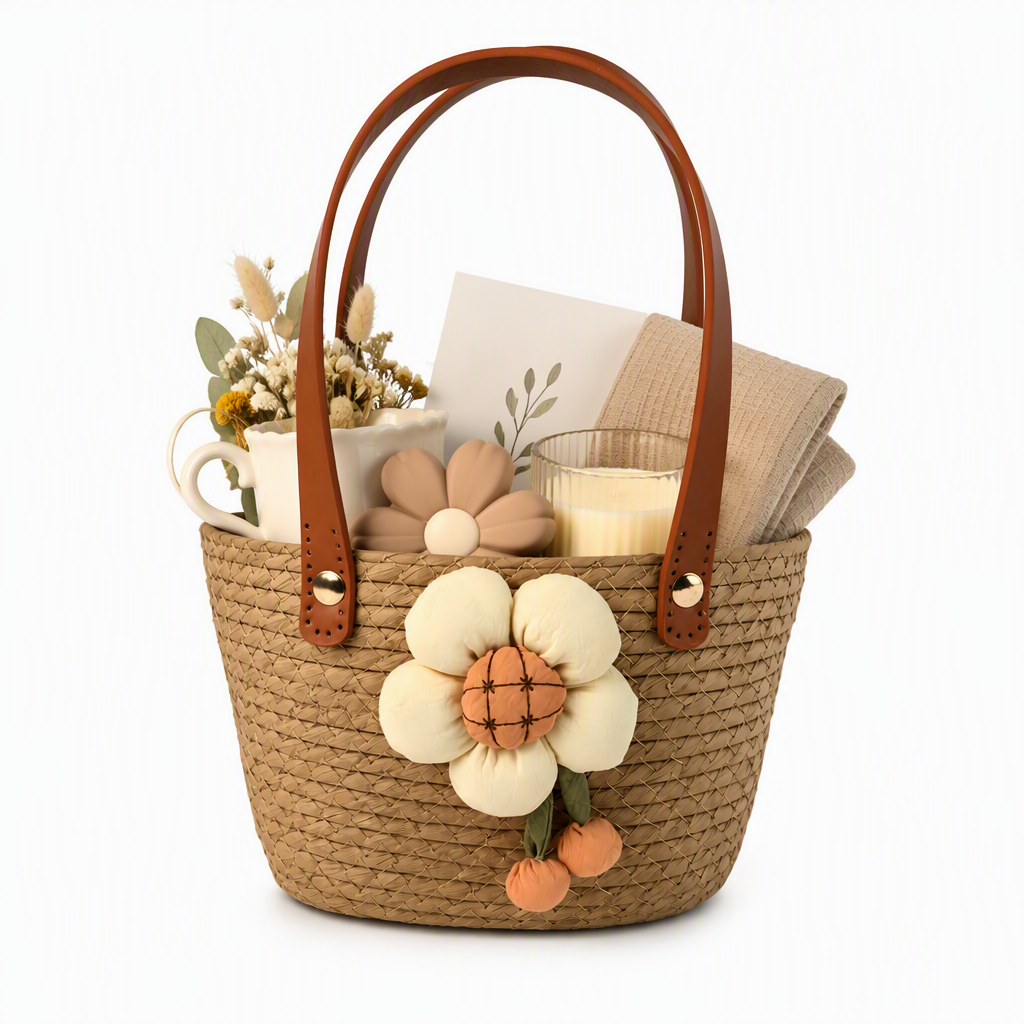 Custom Natural Beige Paper Rope Gift Basket with Handmade Floral Decoration & Leather Handles | Woven Gift Tote Bag