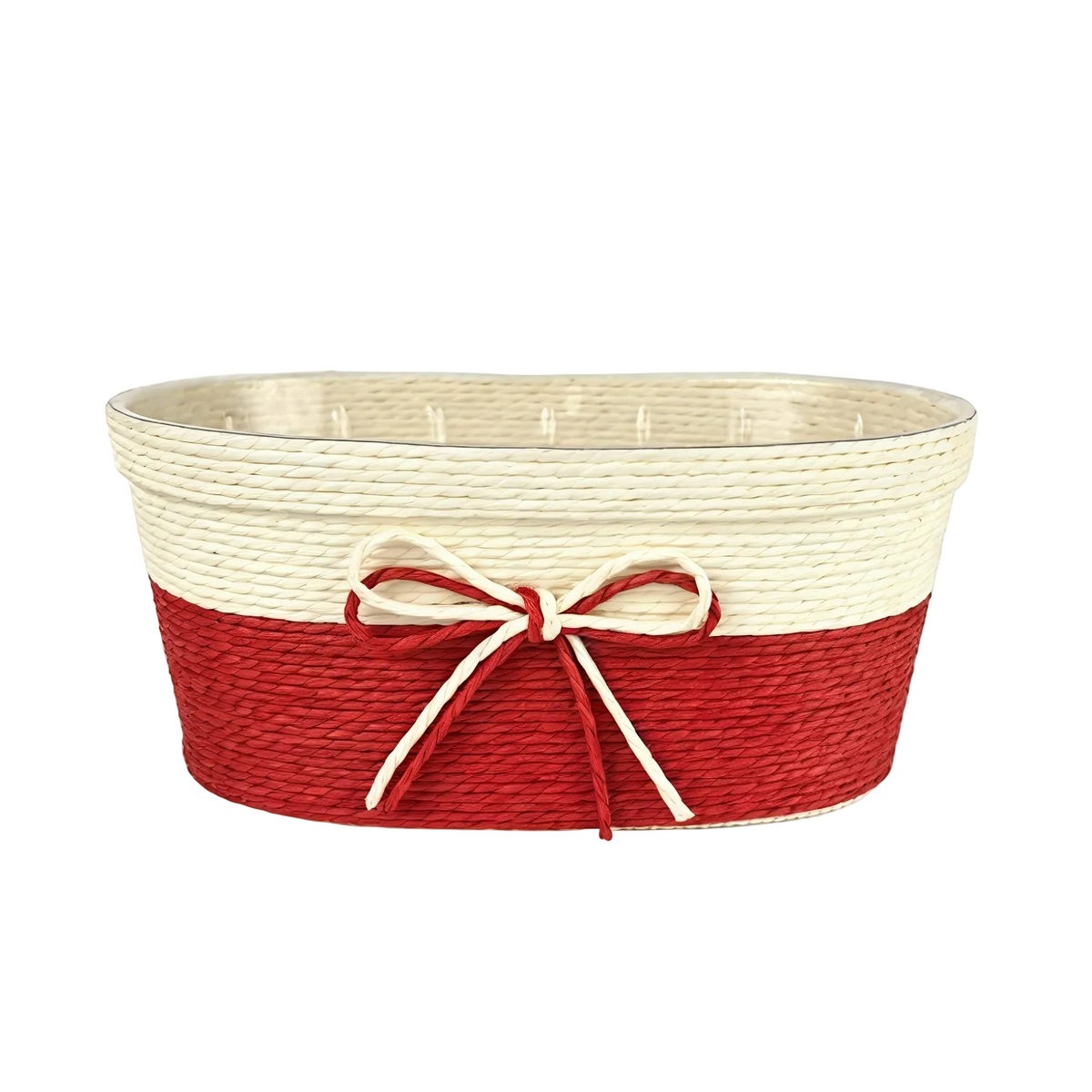 Handwoven Paper Rope Oval Storage Basket with Bow – Red & White Home Organizer
