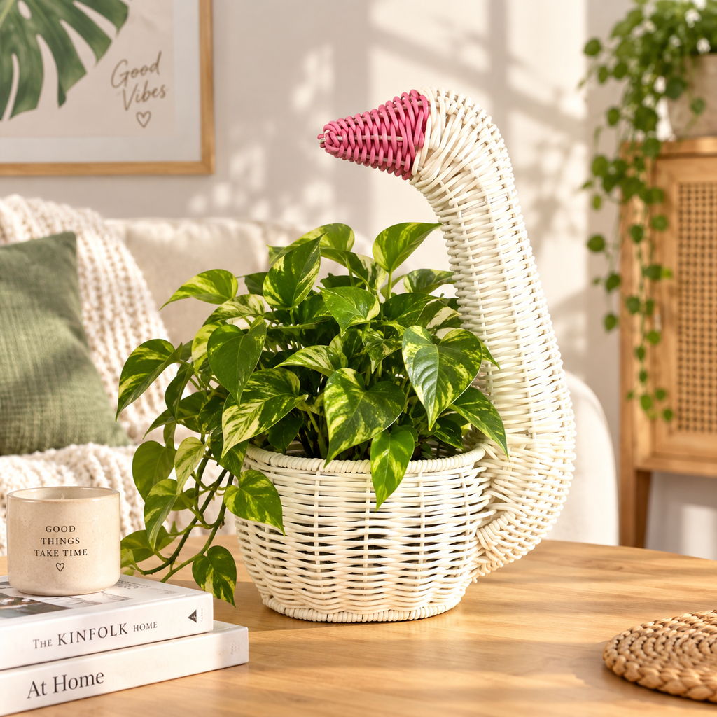 Handwoven PE Rattan Swan Planter – Decorative Wicker Flower Pot for Home Décor