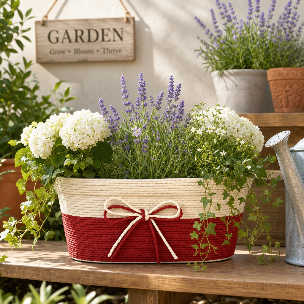 Handwoven Paper Rope Oval Storage Basket with Bow – Red & White Home Organizer