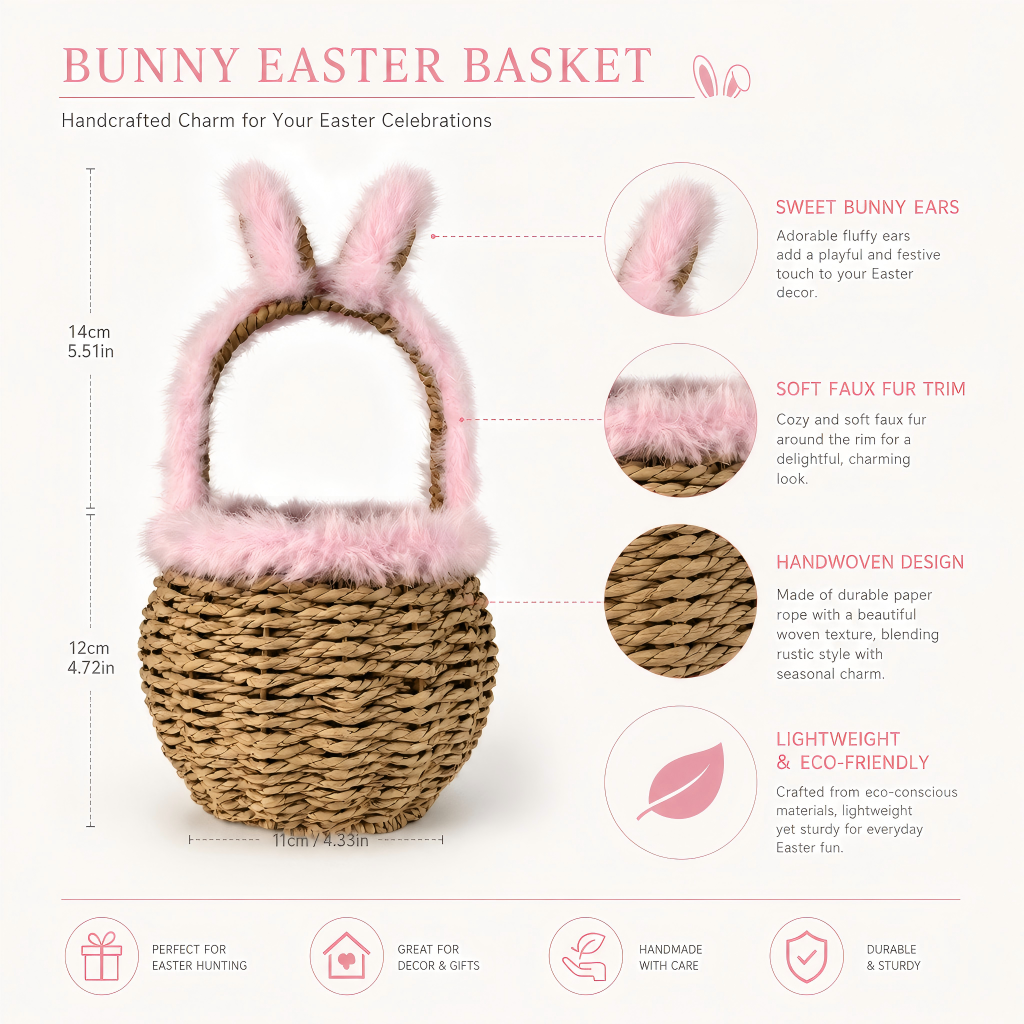 Handwoven Bunny Basket with Pink Faux Fur Trim – Kids Easter Gift & Storage Basket