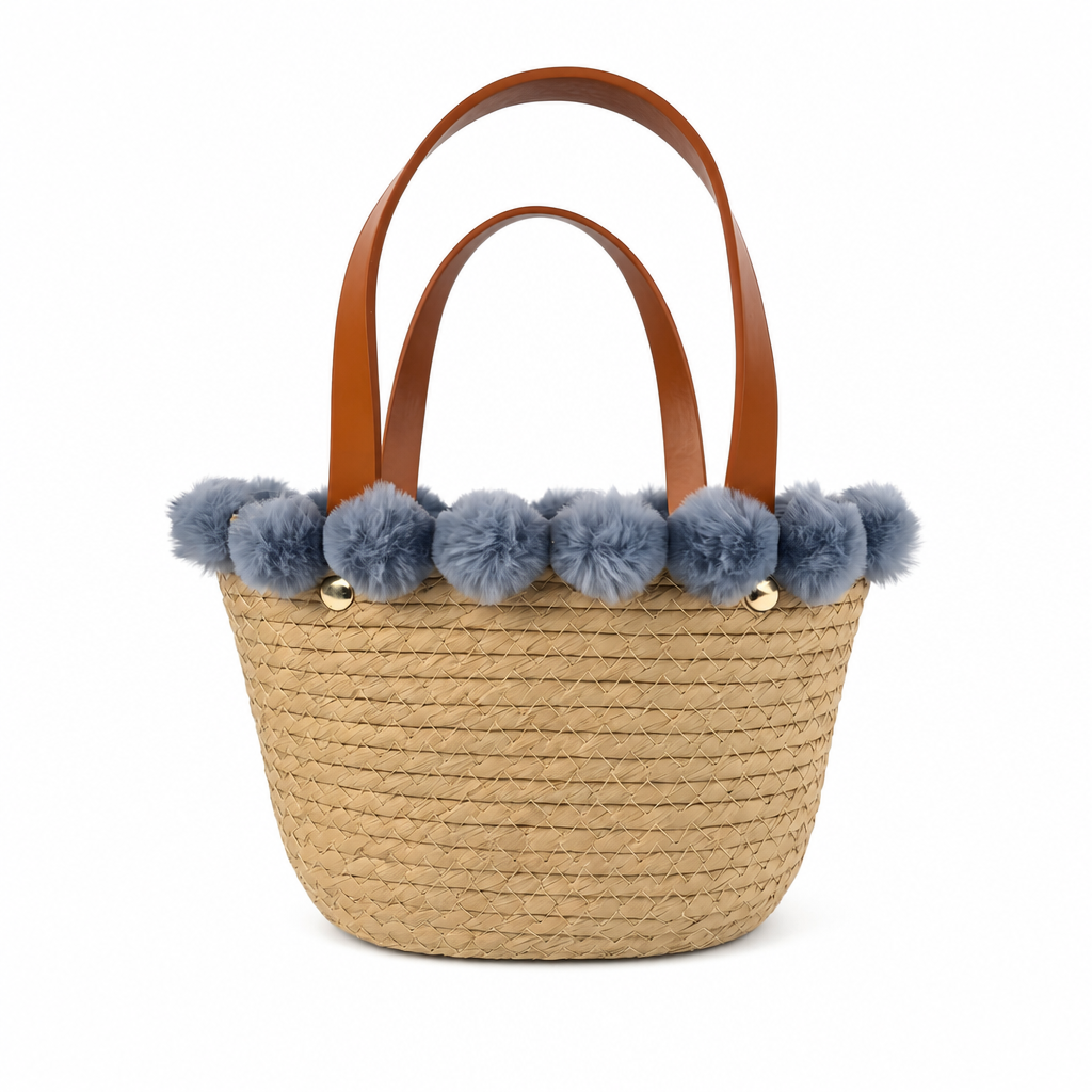 Custom Natural Beige Paper Rope Gift Basket with Blue Pom-Pom Trim & Vegan Leather Handles | Handmade Woven Gift Tote
