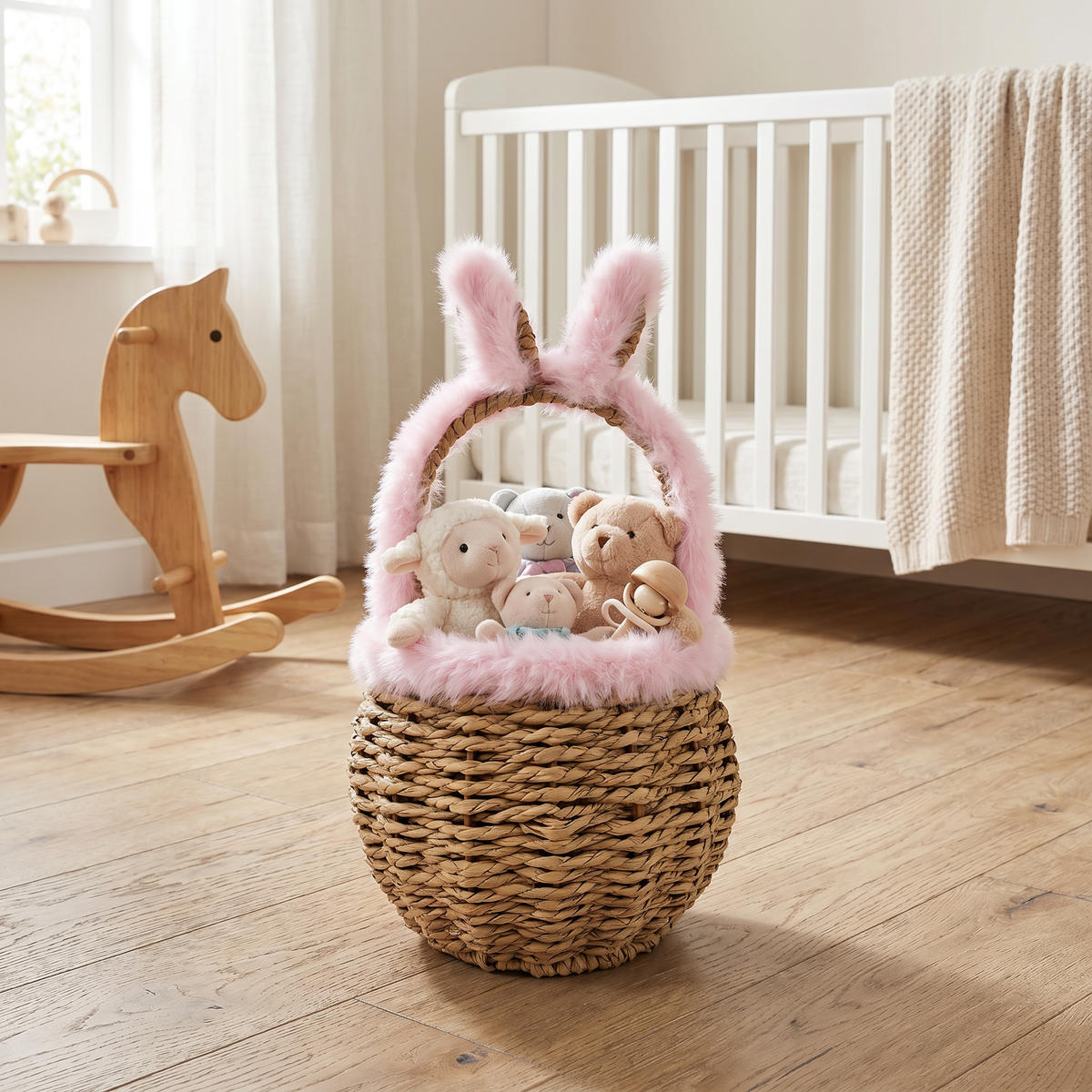 Handwoven Bunny Basket with Pink Faux Fur Trim – Kids Easter Gift & Storage Basket
