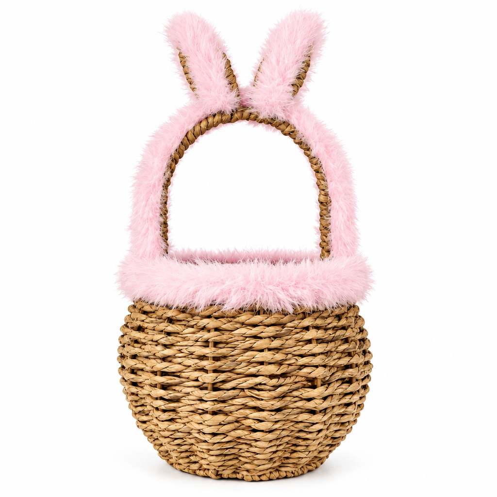 Handwoven Bunny Basket with Pink Faux Fur Trim – Kids Easter Gift & Storage Basket