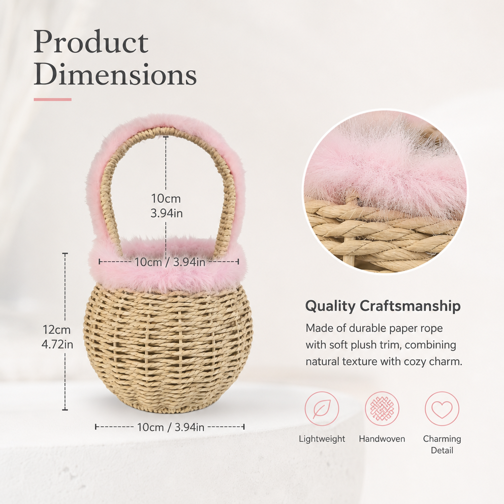 Natural Woven Carry Basket with Pink Fur Handle for Gifts, Kids & Easter Décor