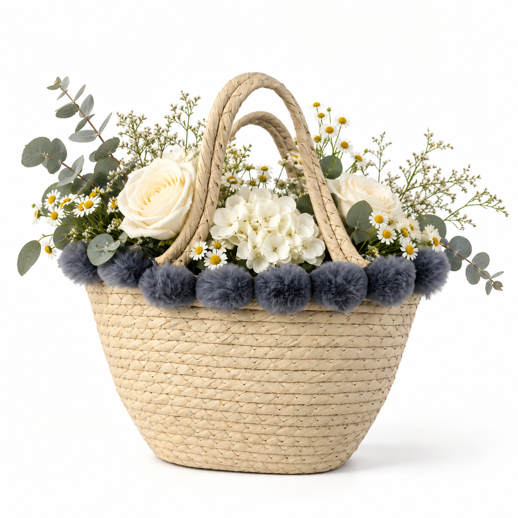 Custom Natural Paper Rope Gift Basket with Blue Pom-Pom Trim | Handmade Woven Gift Basket for Holiday & Special Occasions