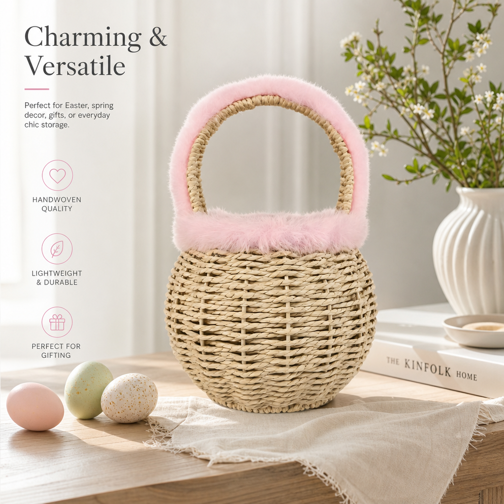 Natural Woven Carry Basket with Pink Fur Handle for Gifts, Kids & Easter Décor