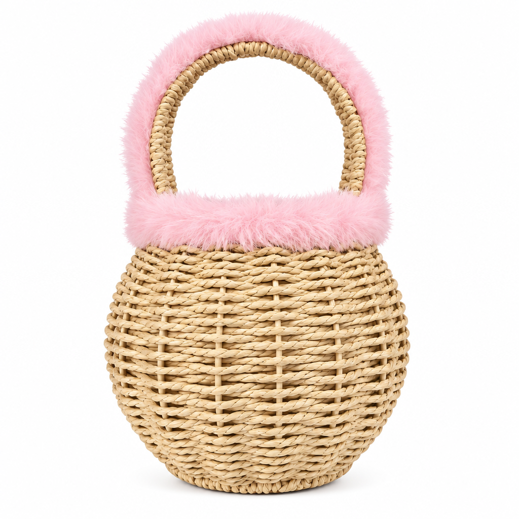 Natural Woven Carry Basket with Pink Fur Handle for Gifts, Kids & Easter Décor