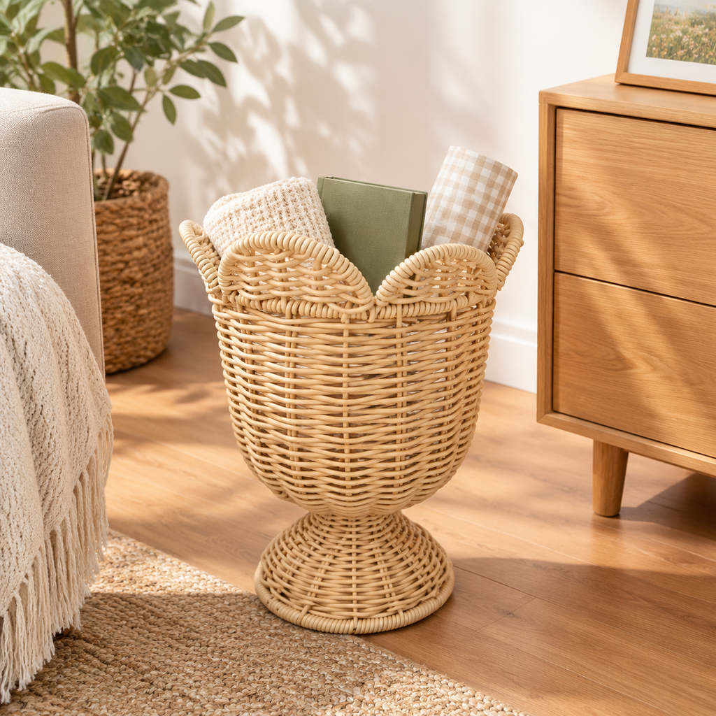 Handwoven-Style Faux Rattan Basket with Pedestal Base – Decorative Storage & Planter Basket