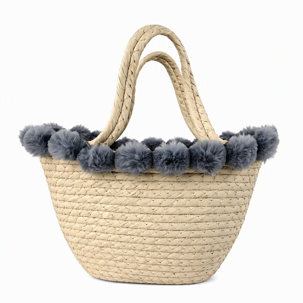 Custom Natural Paper Rope Gift Basket with Blue Pom-Pom Trim | Handmade Woven Gift Basket for Holiday & Special Occasions