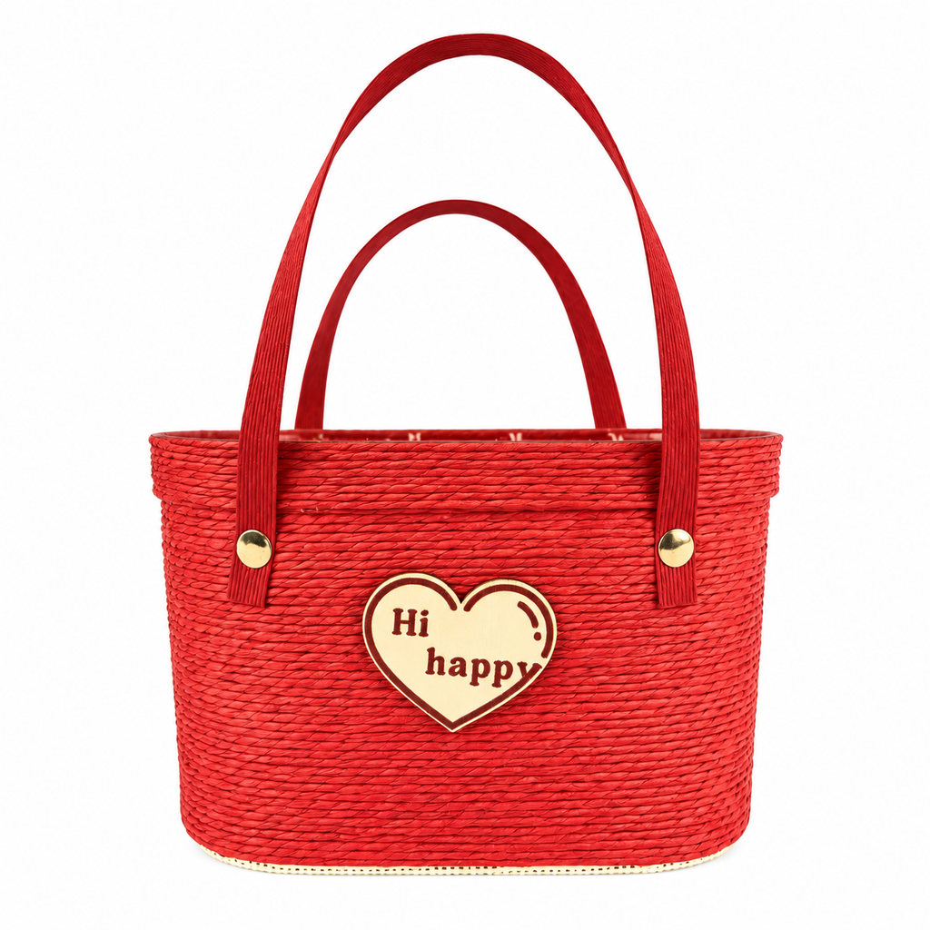 Custom Red Paper Rope Gift Basket with Heart Detail | Handmade Woven Gift Tote for Holiday & Special Occasions
