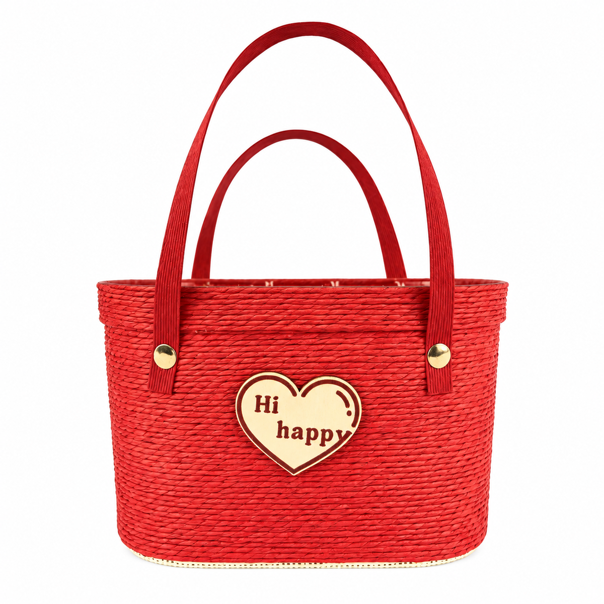 Custom Red Paper Rope Gift Basket with Heart Detail | Handmade Woven Gift Tote for Holiday & Special Occasions