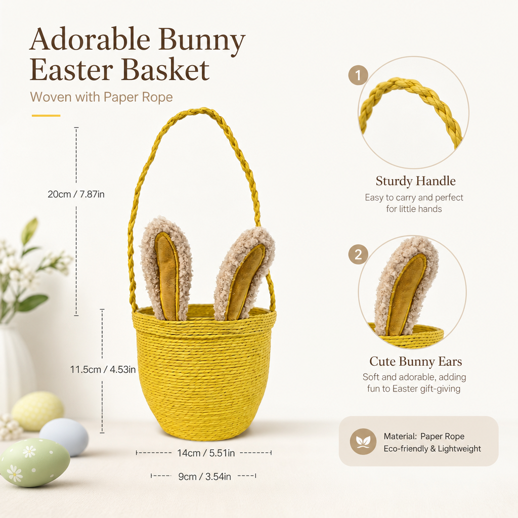 Yellow Handwoven Bunny Basket with Plush Ears – Kids Easter Gift & Storage Basket