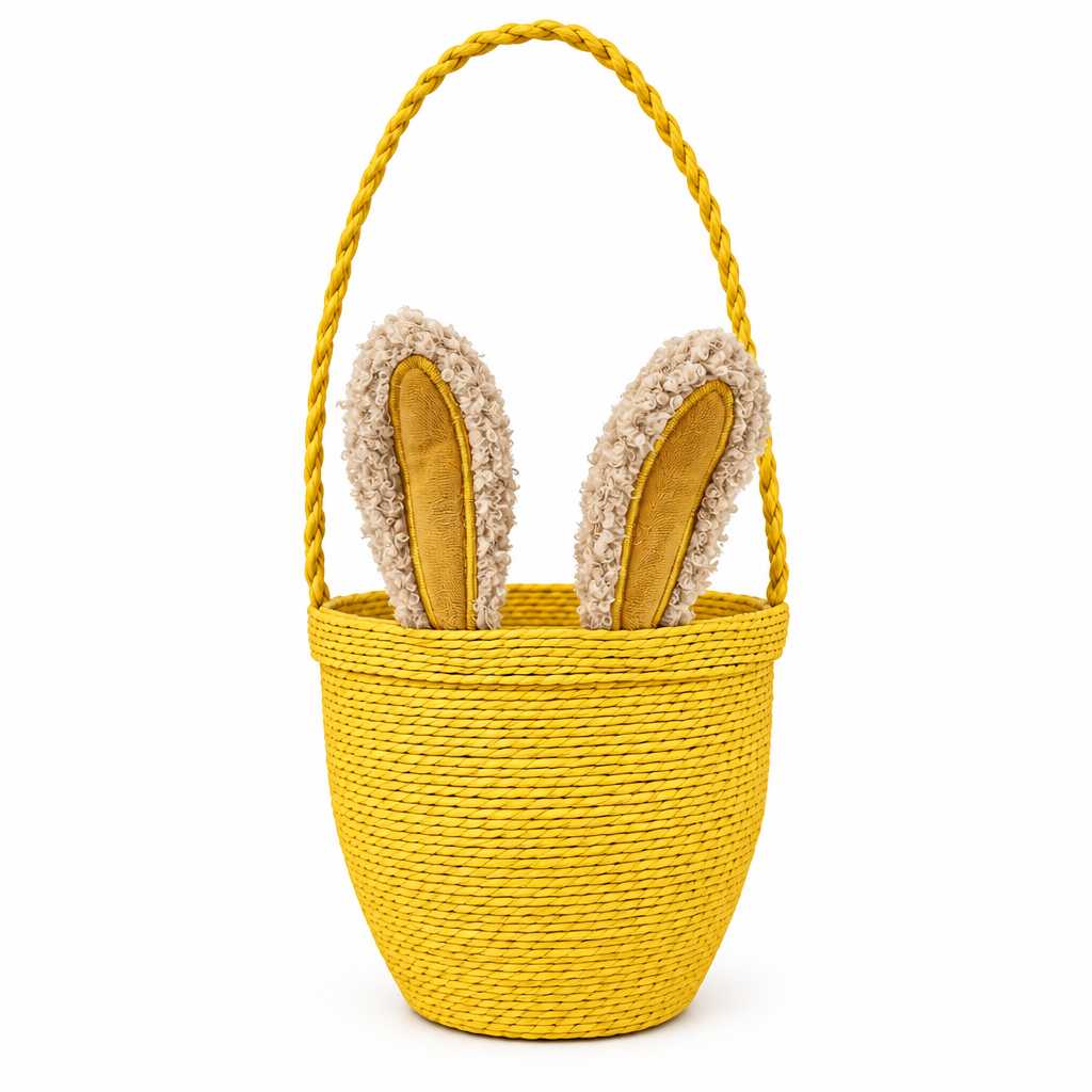 Yellow Handwoven Bunny Basket with Plush Ears – Kids Easter Gift & Storage Basket