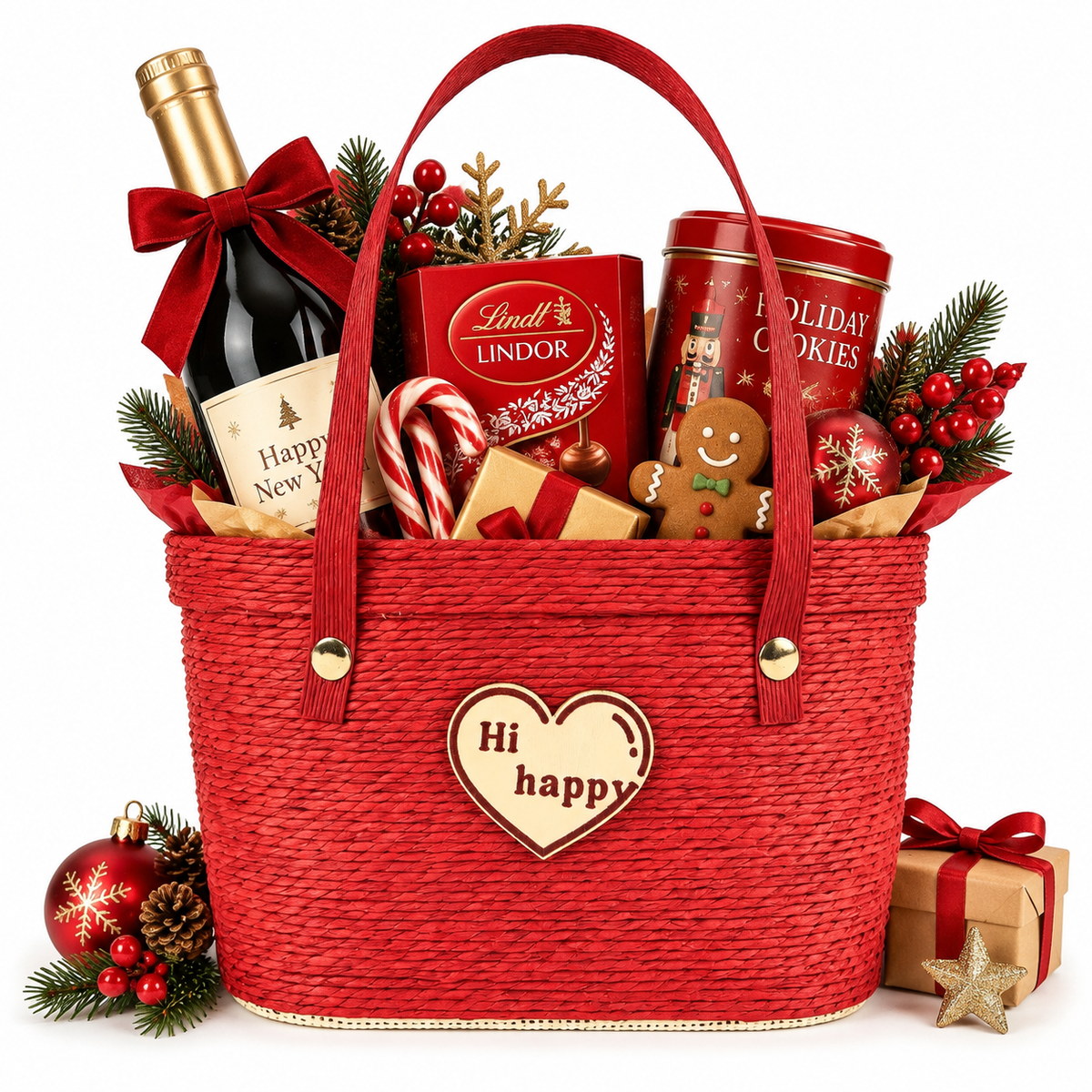 Custom Red Paper Rope Gift Basket with Heart Detail | Handmade Woven Gift Tote for Holiday & Special Occasions