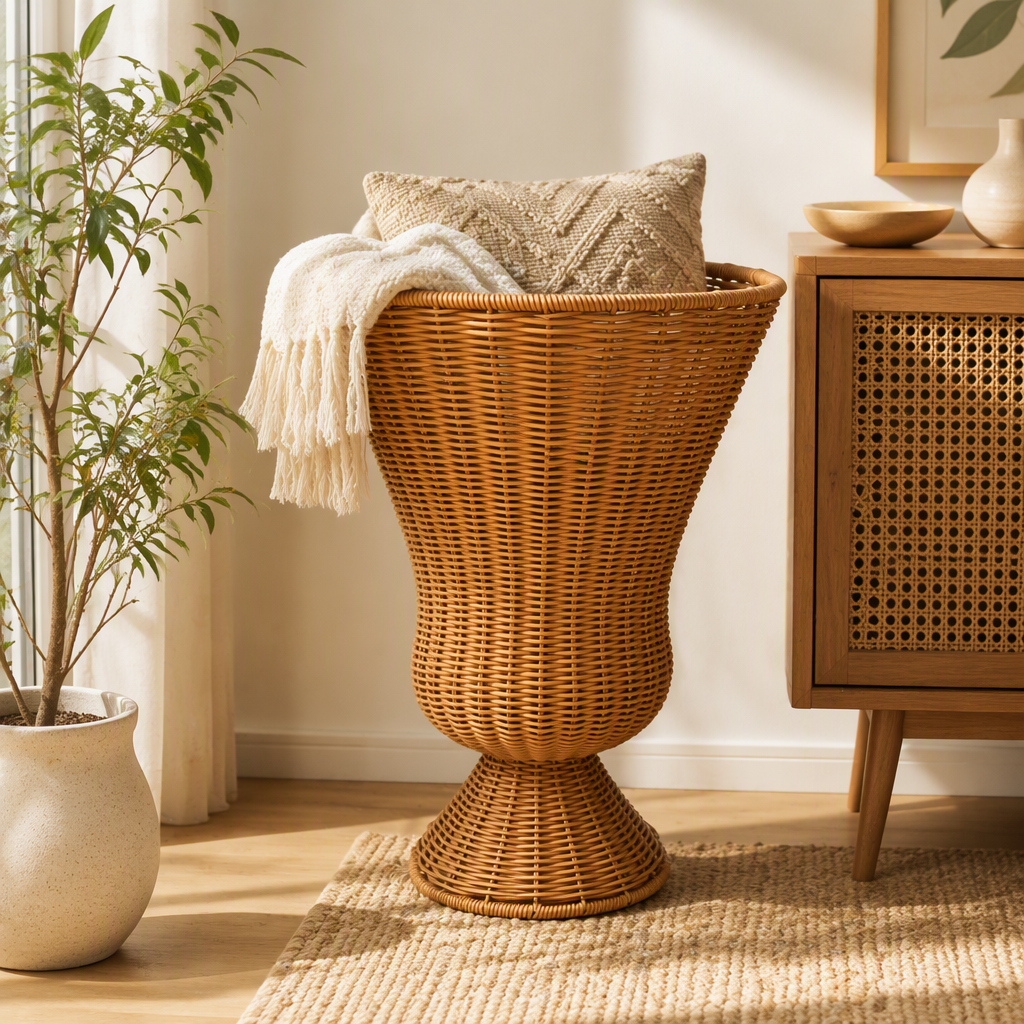 Handwoven PE + PP Wicker Tall Planter Basket – Weather-Resistant Decorative Plant Holder for Indoor & Outdoor Use