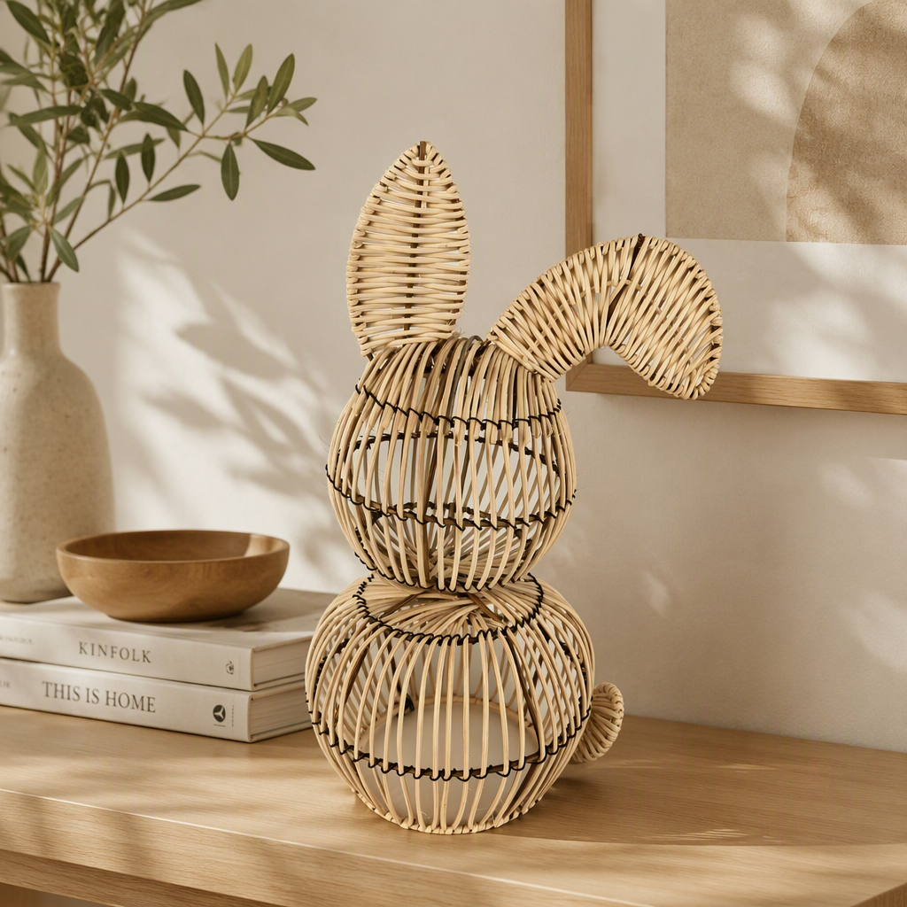 Handwoven Natural Rattan Bunny Home Decor – Rustic Easter Rabbit Figurine