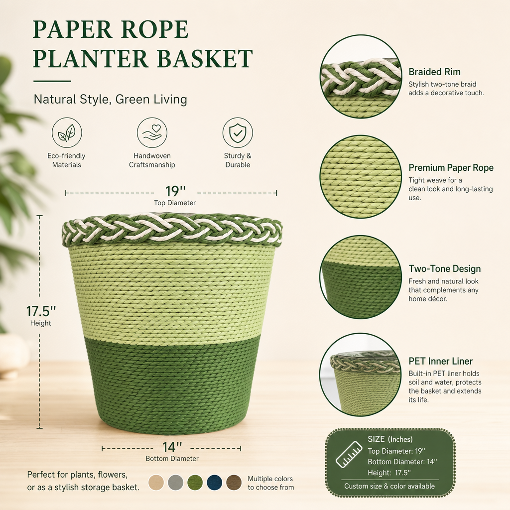 Handwoven Green Storage Basket, Natural Eco-Friendly Home Organizer, Multipurpose Decorative Woven Basket