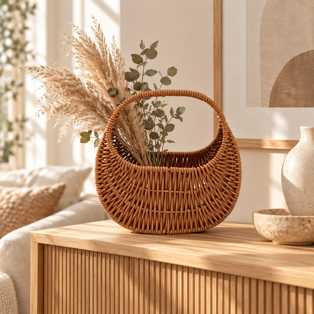 Handwoven Wicker Handled Basket – Decorative Storage, Shopping & Gift Basket