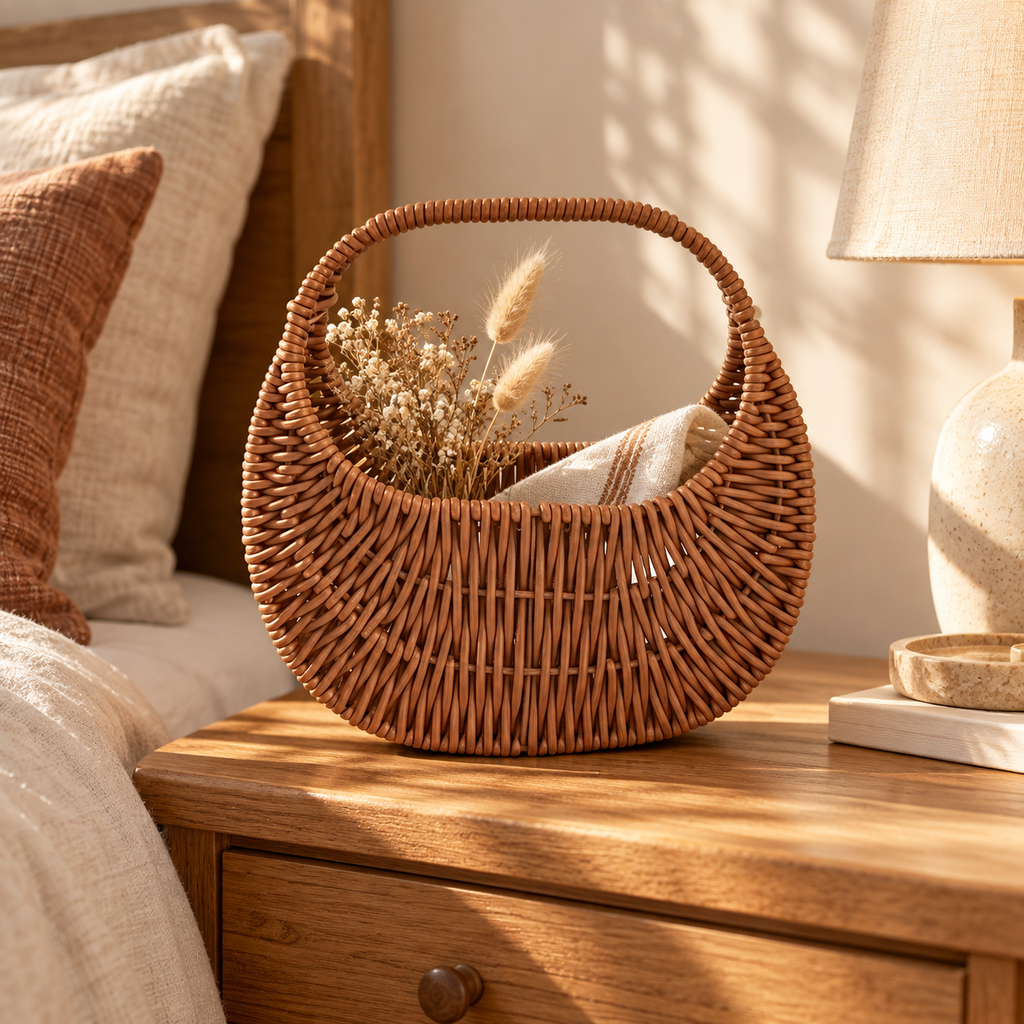 Handwoven Wicker Handled Basket – Decorative Storage, Shopping & Gift Basket