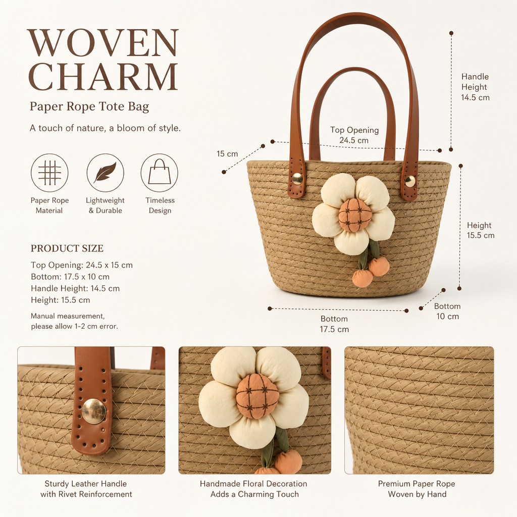 Custom Natural Beige Paper Rope Gift Basket with Handmade Floral Decoration & Leather Handles | Woven Gift Tote Bag