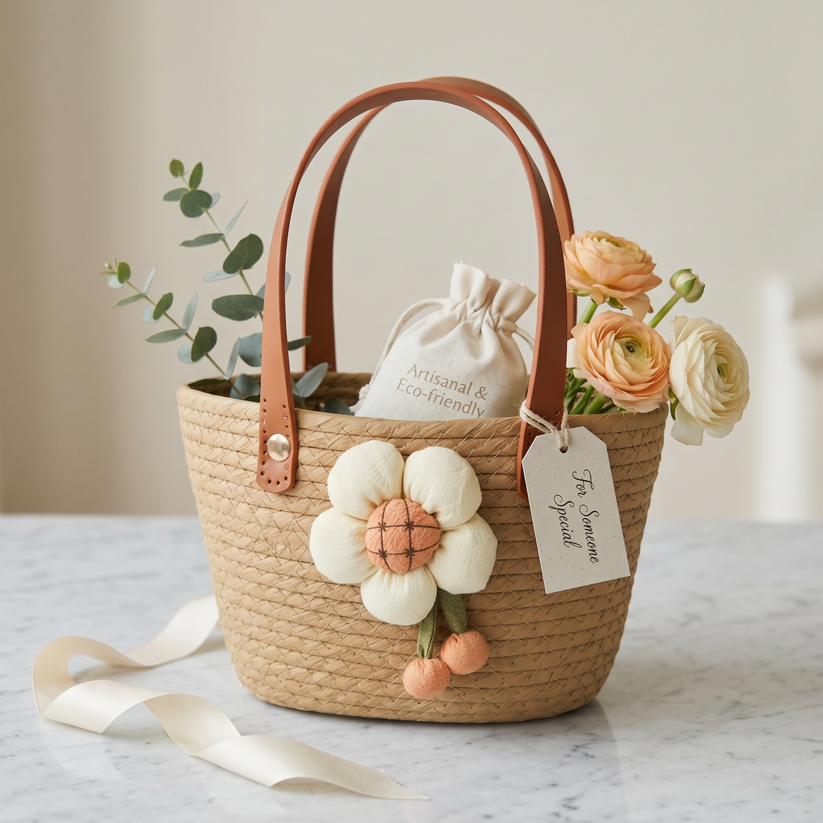 Custom Natural Beige Paper Rope Gift Basket with Handmade Floral Decoration & Leather Handles | Woven Gift Tote Bag