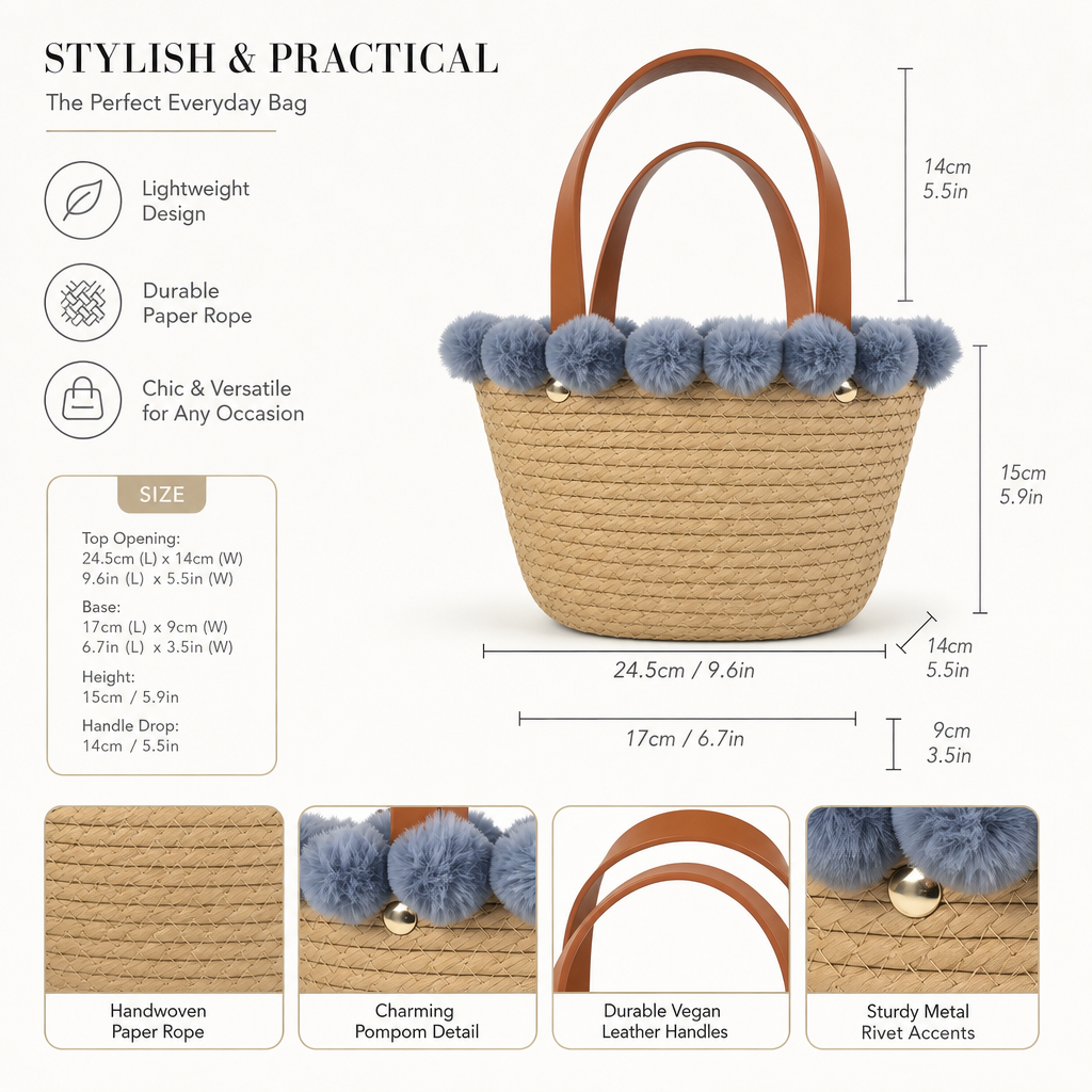 Custom Natural Beige Paper Rope Gift Basket with Blue Pom-Pom Trim & Vegan Leather Handles | Handmade Woven Gift Tote