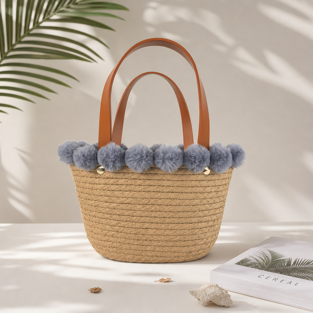 Custom Natural Beige Paper Rope Gift Basket with Blue Pom-Pom Trim & Vegan Leather Handles | Handmade Woven Gift Tote
