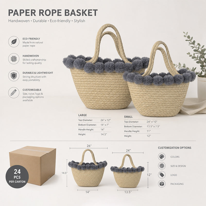 Custom Natural Paper Rope Gift Basket with Blue Pom-Pom Trim | Handmade Woven Gift Basket for Holiday & Special Occasions