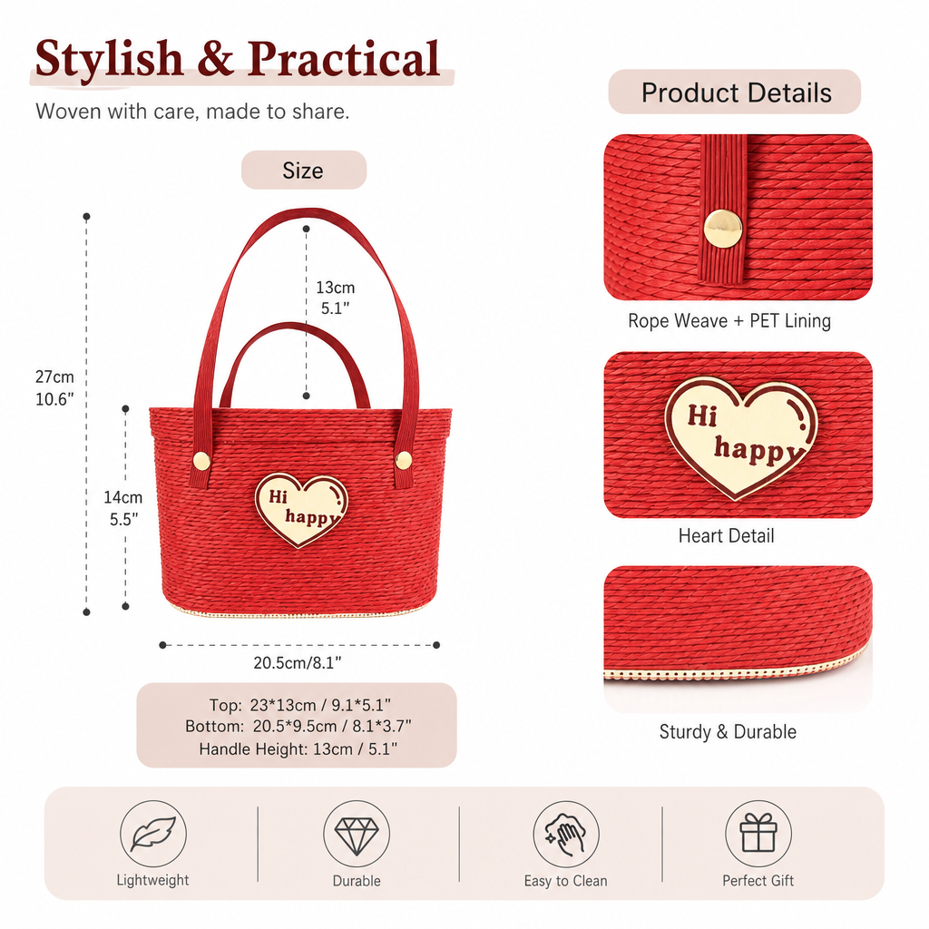 Custom Red Paper Rope Gift Basket with Heart Detail | Handmade Woven Gift Tote for Holiday & Special Occasions