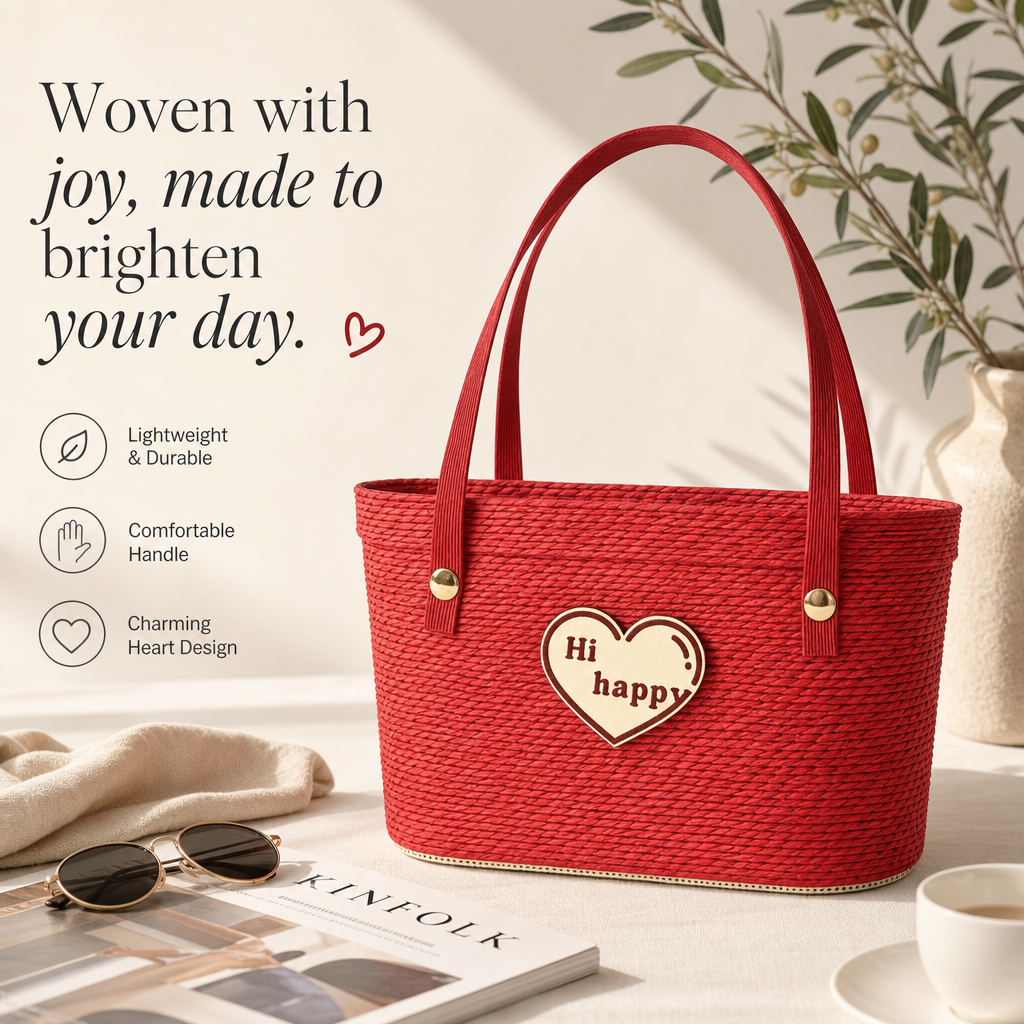 Custom Red Paper Rope Gift Basket with Heart Detail | Handmade Woven Gift Tote for Holiday & Special Occasions