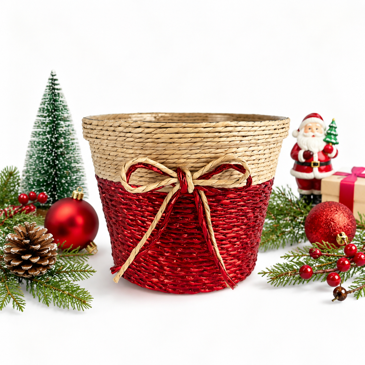 Handwoven Paper Rope Gift Basket with Festive Bow – Reusable Christmas & Holiday Gift Basket, Custom Size, Color & Design