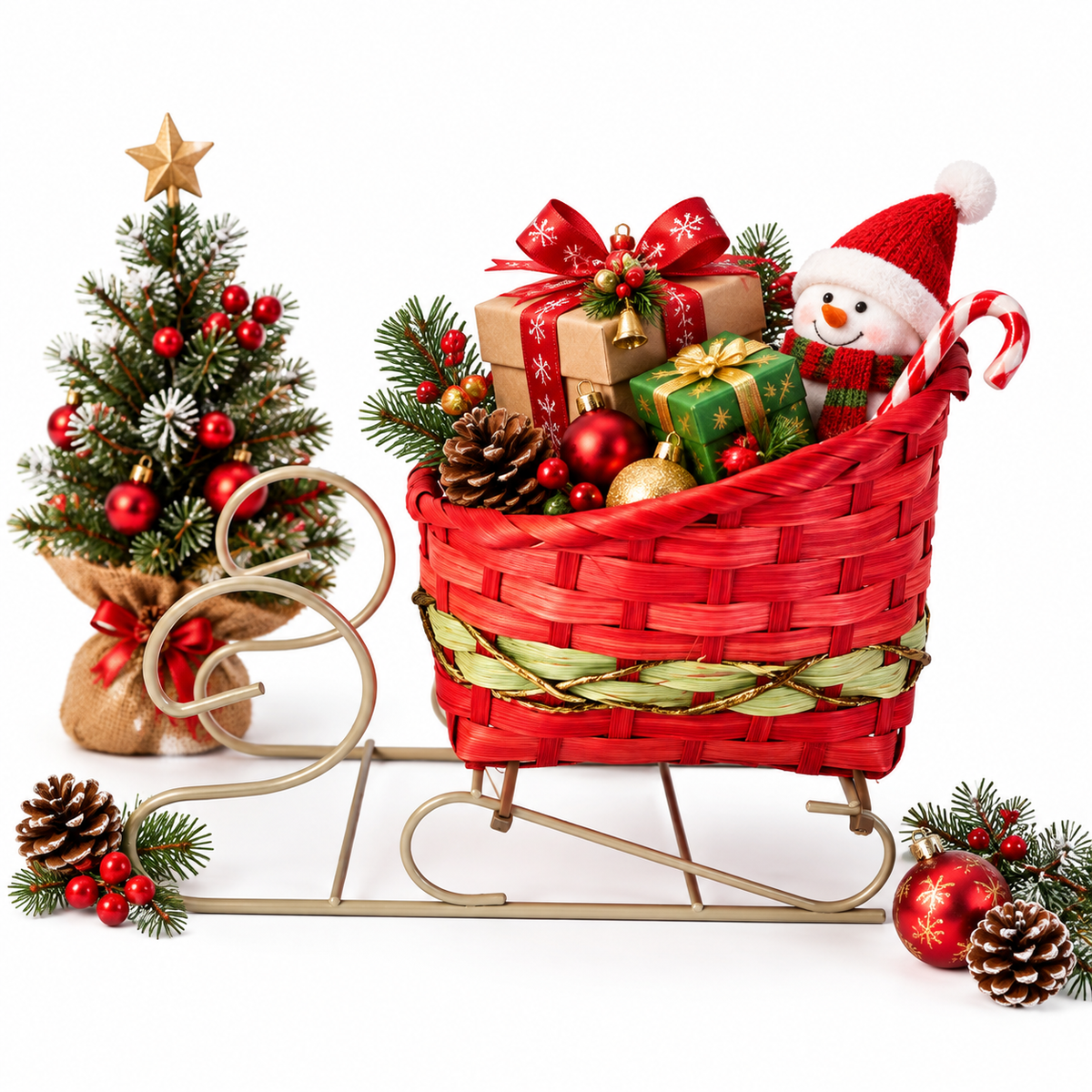 Handwoven Christmas Sleigh Gift Basket with Metal Sled Base – Festive Holiday Gift Hamper & Seasonal Decorative Basket, Custom Size, Color & Design