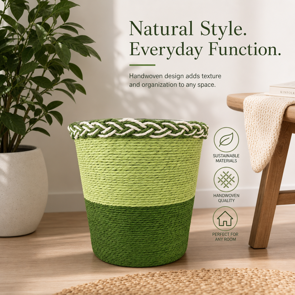 Handwoven Green Storage Basket, Natural Eco-Friendly Home Organizer, Multipurpose Decorative Woven Basket