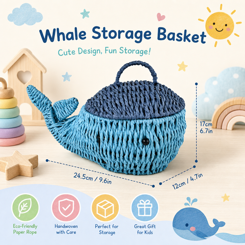 Blue Woven Whale Basket with Lid and Handle for Kids Room Storage & Décor