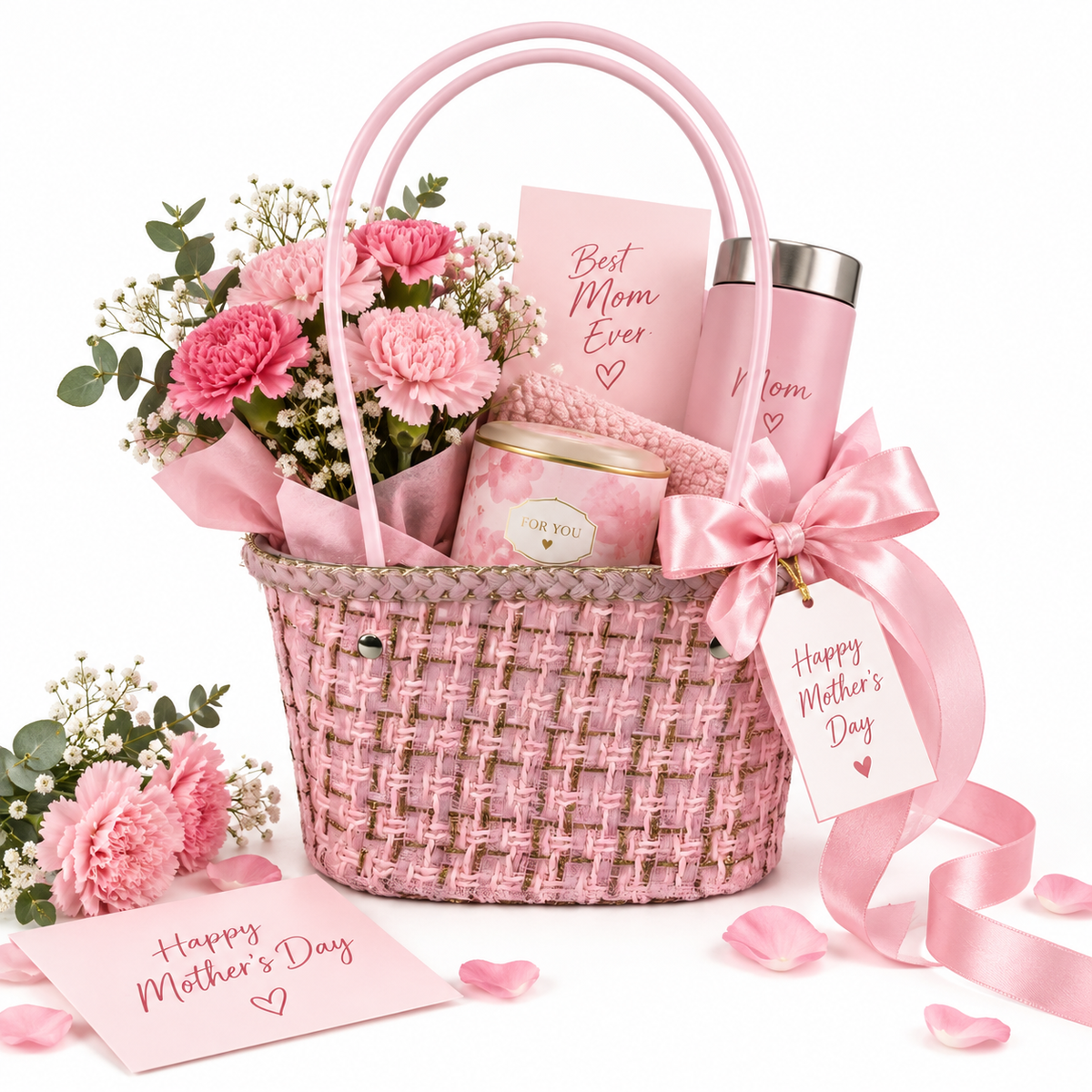 Chic Handwoven Mini Tote Gift Basket – Pink Woven Basket with Double Handles, Lightweight Decorative Gift Basket, Custom Size, Color & Design