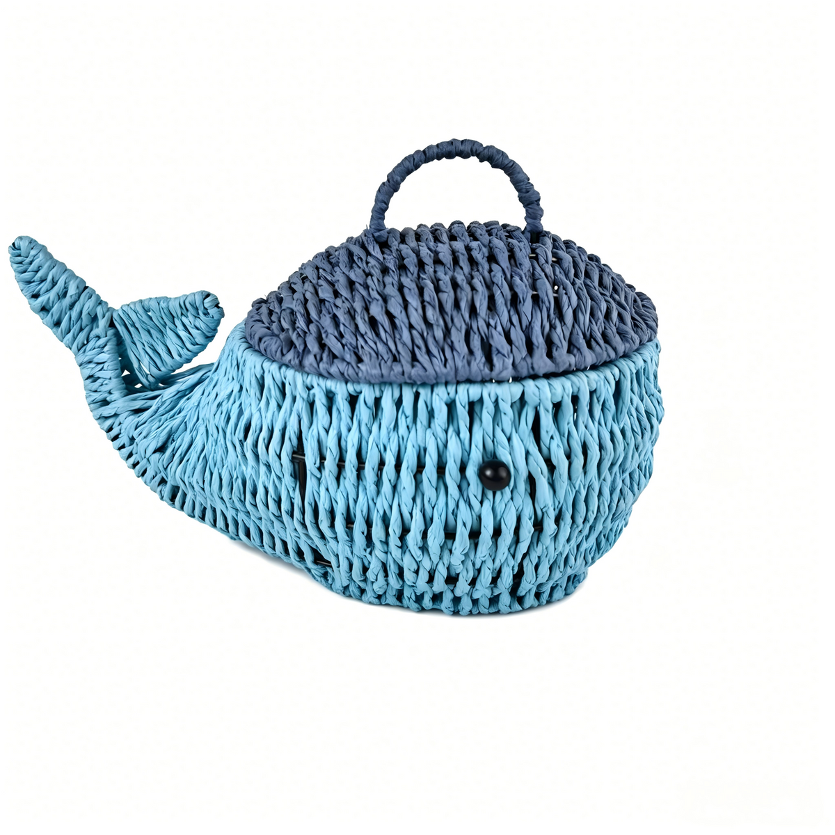 Blue Woven Whale Basket with Lid and Handle for Kids Room Storage & Décor