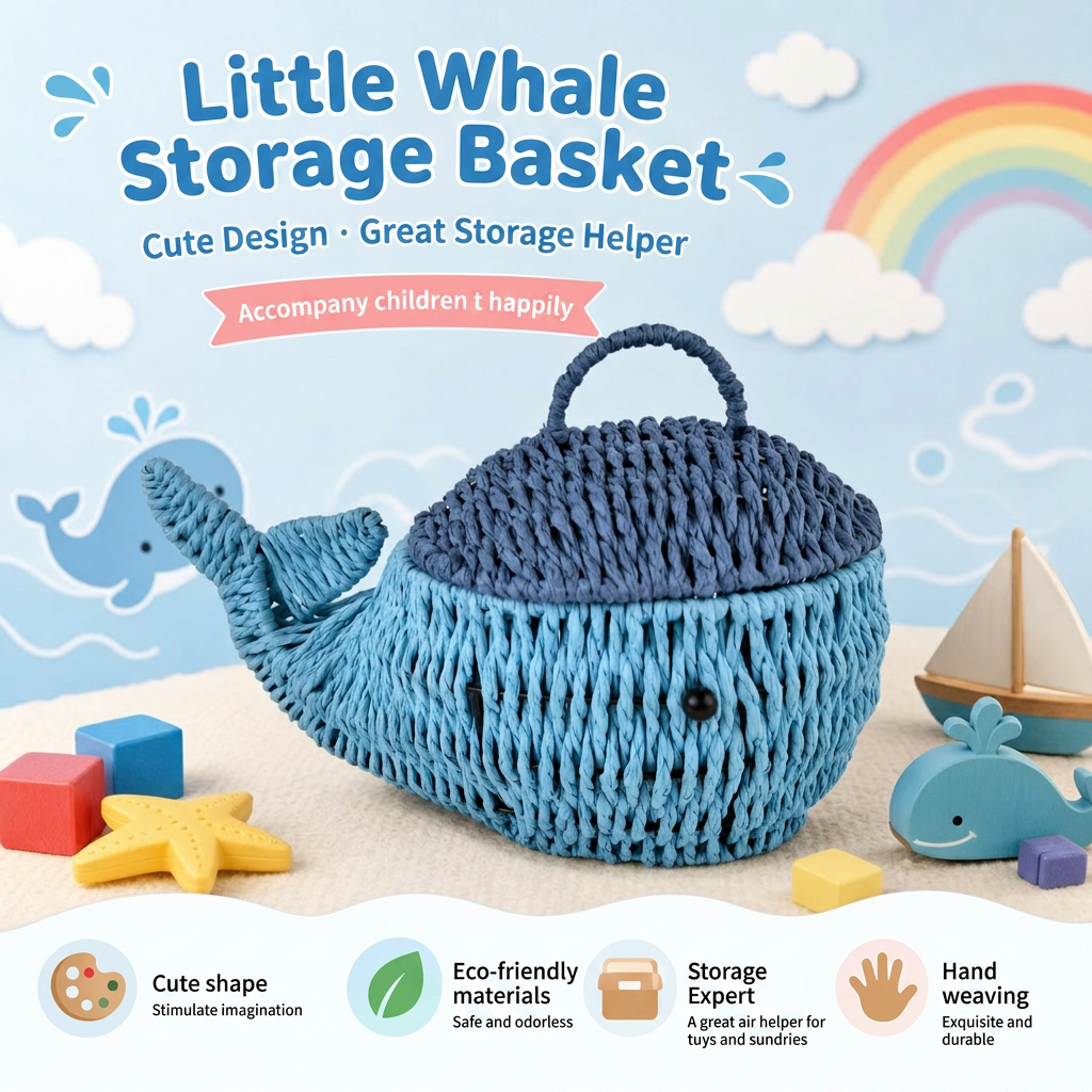 Blue Woven Whale Basket with Lid and Handle for Kids Room Storage & Décor