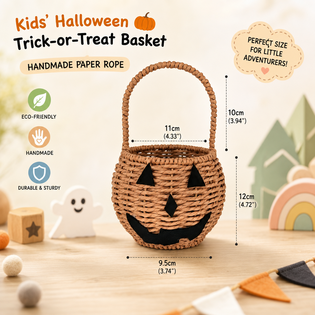 Halloween Woven Pumpkin Basket with Handle for Candy, Gifts & Trick-or-Treat