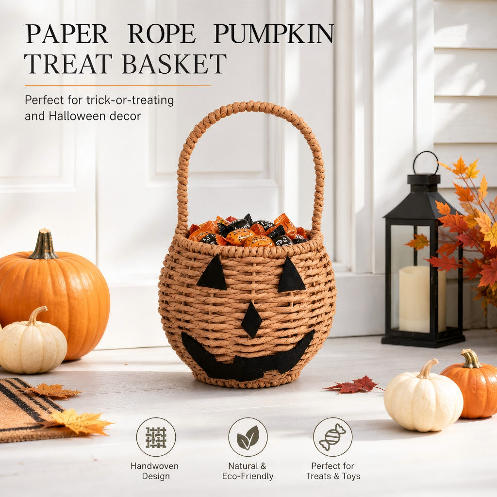 Halloween Woven Pumpkin Basket with Handle for Candy, Gifts & Trick-or-Treat