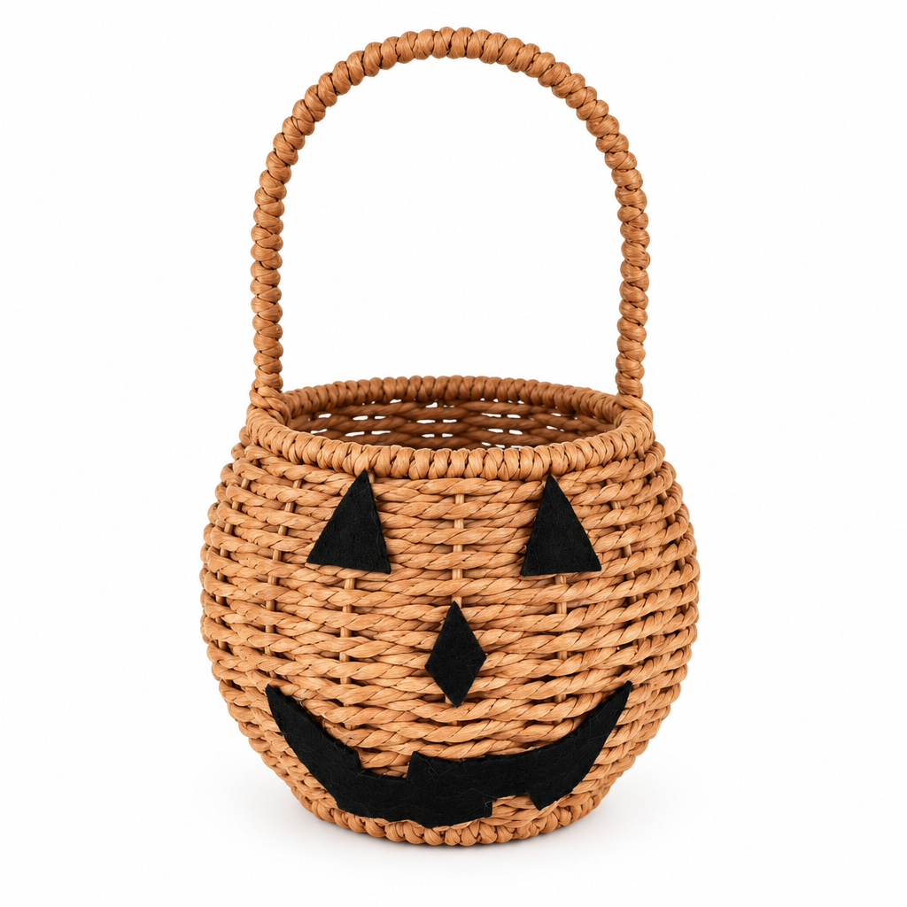 Halloween Woven Pumpkin Basket with Handle for Candy, Gifts & Trick-or-Treat