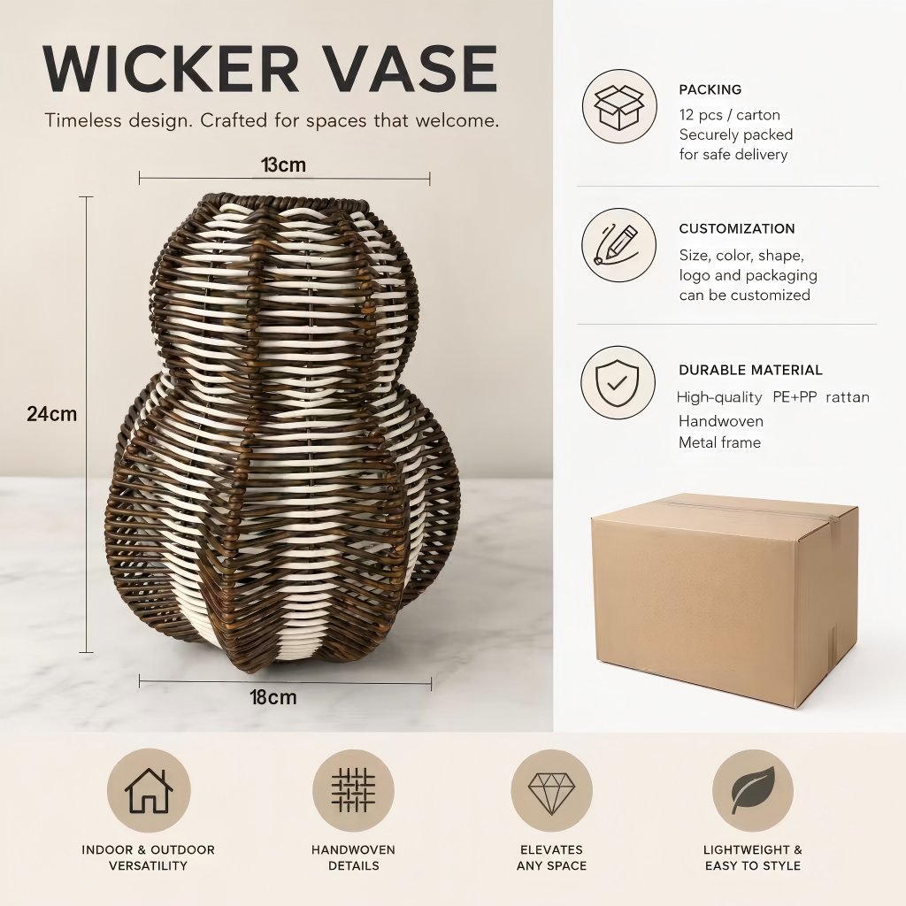 Handwoven PE & PP Wicker Vase Basket – Decorative Home Storage & Organizer