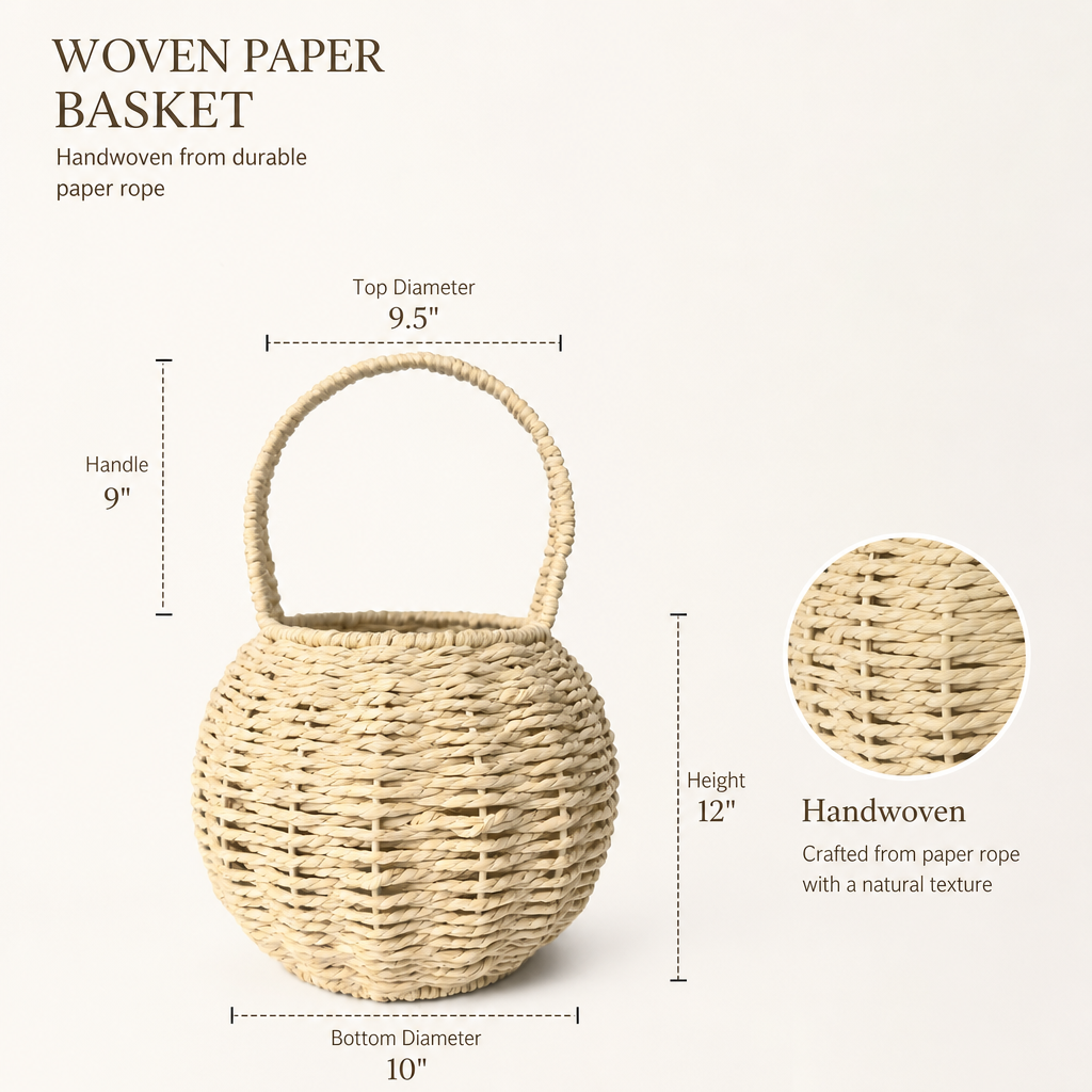 Custom Natural Paper Rope Gift Basket with Round Woven Design & Handle | Handmade Gift Basket for Holidays & Special Occasions
